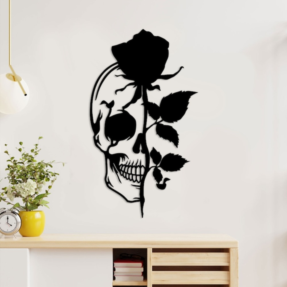 Skull with Rose Metal Wall Art - огляд і ціна Halloween Skeleton Decoration